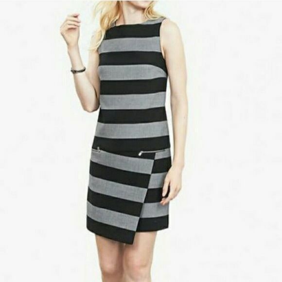 Banana Republic Rugby Striped Shift Dress with Asymmetrical Hem in Black & Grey - Picture 1 of 10